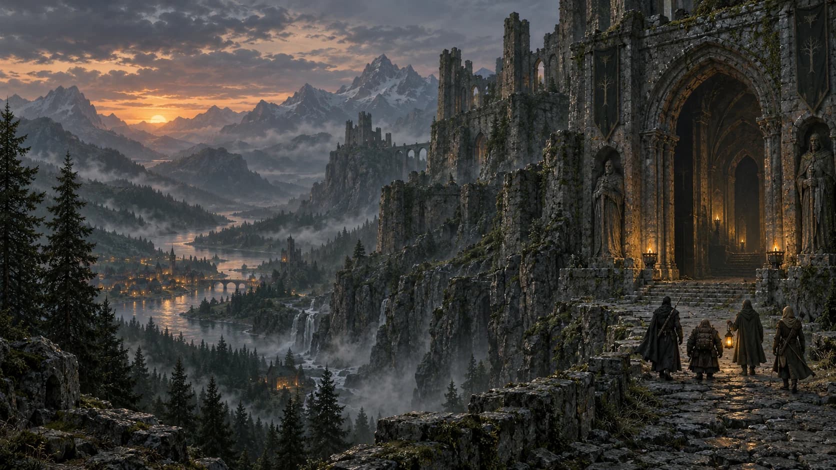 Illustrated fantasy atlas landscape for AI GM campaigns